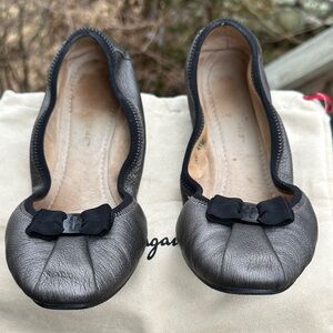 Salvatore Ferragamo My Joy Metallic Gunmetal Leather Vara Bow Flats